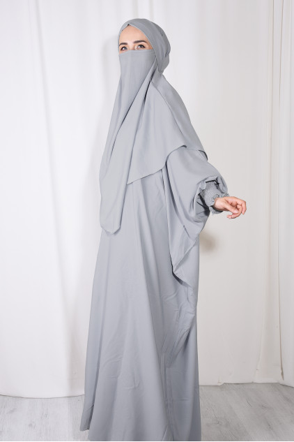 Medine İpeği Elbise ve Sufle Şal Takım Gri