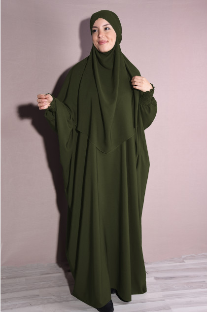 Medine İpeği Elbise ve Sufle Şal Takım Haki Yeşili